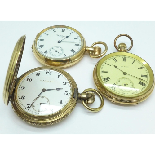 938 - Three gold plated pocket watches; Thomas Russell, hinge a/f, Waltham and Elgin