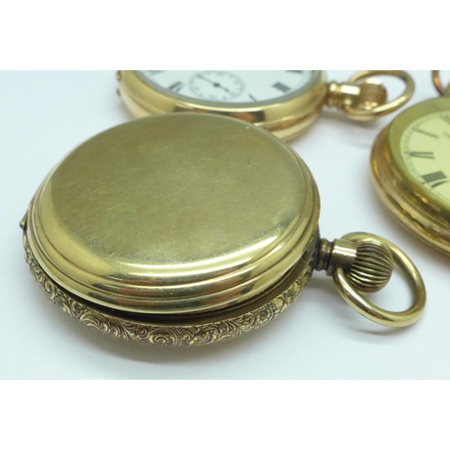 938 - Three gold plated pocket watches; Thomas Russell, hinge a/f, Waltham and Elgin