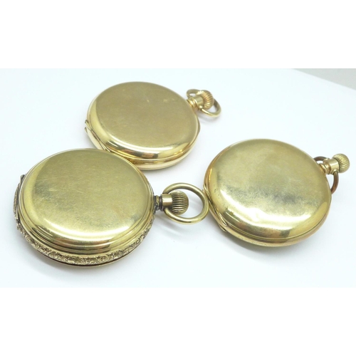 938 - Three gold plated pocket watches; Thomas Russell, hinge a/f, Waltham and Elgin