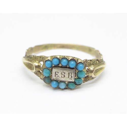 944 - A late Georgian/early Victorian gold and turquoise memorial ring,  (tests as high carat gold), with ... 