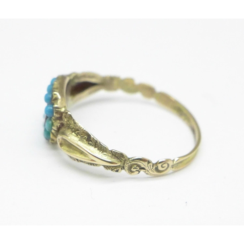 944 - A late Georgian/early Victorian gold and turquoise memorial ring,  (tests as high carat gold), with ... 