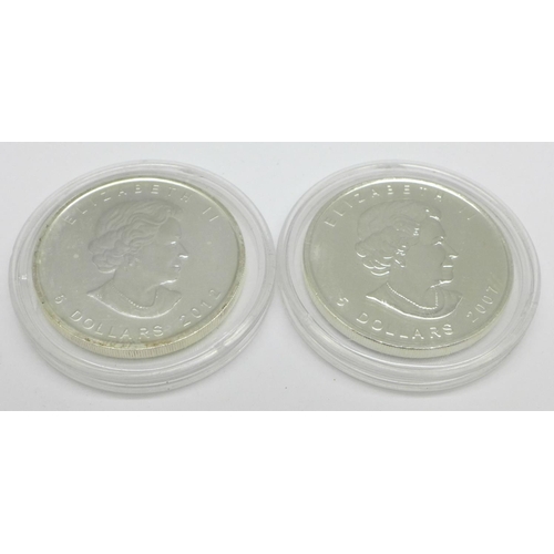 953 - Two 1oz. 999. fine silver coins, 2007 and 2012 Canadian $5