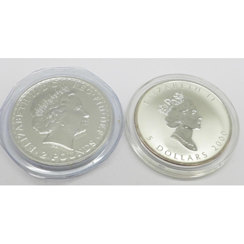 956 - Two fine silver coins, 2000 1oz Canadian $5 and 2012 1oz Britannia £2