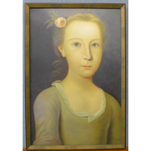 10 - Half portrait of a young lady, oil on canvas, indistinctly signed, framed