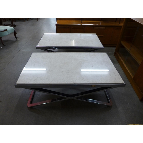 142 - A pair of chrome and marble top coffee tables