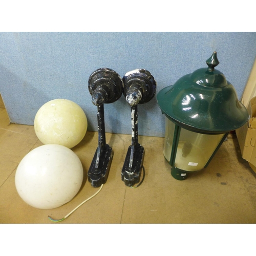 295 - Two vintage outdoor wall lights and a painted copper lamppost top