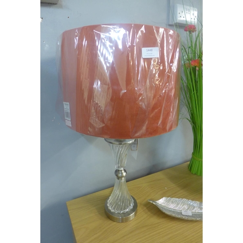 1448 - A fluted glass table lamp with coral velvet shade (2023230)   #