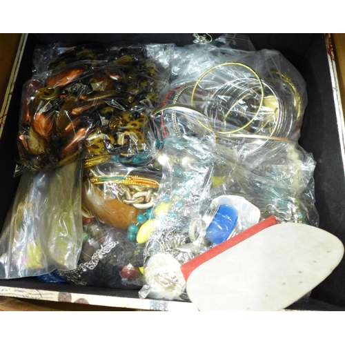 693 - Costume jewellery with chest, jewellery stands and watches