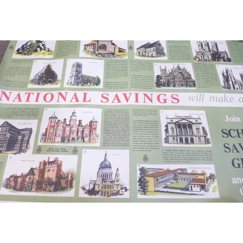 708 - A box of art exhibition posters, prints and a collection of 1950's National Savings posters
