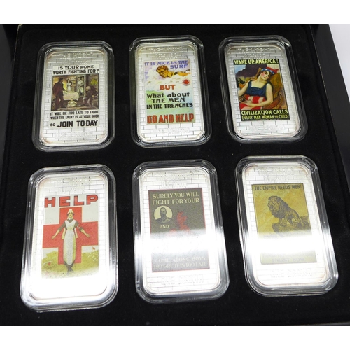 747 - A World War One Propaganda Poster Ingots silver crown coin set, boxed, six ingots in .999 silver, ea... 
