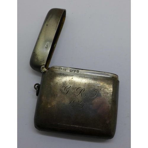 758 - A large silver vesta case by Walker & Hall, with inscription dated 1927, 53g