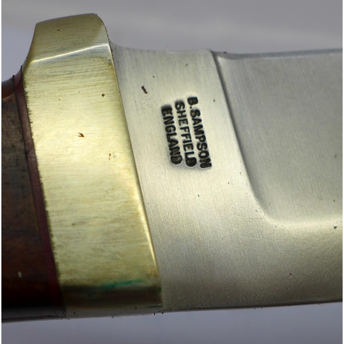 793 - A B. Sampson of Sheffield hunting knife, with leather scabbard