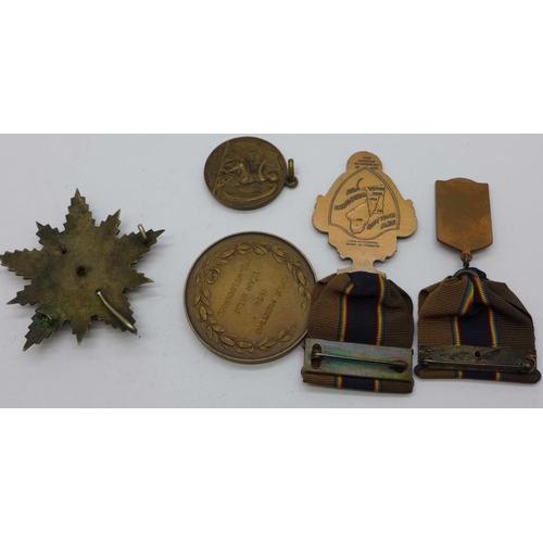 810 - Two American Legion medals, two rifle shooting medals and a Primrose League badge