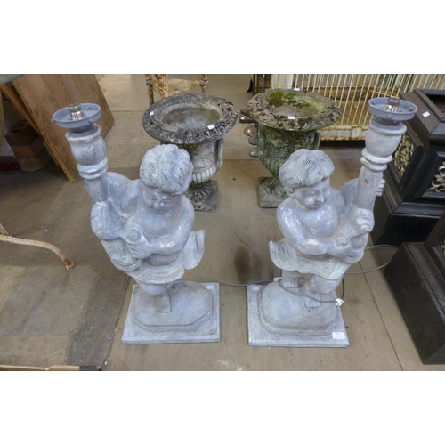 287 - A pair of painted wood cherub table lamps