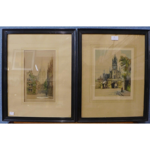 297 - Three Henry G. Walker coloured etchings and another pair, indistinctly signed, framed