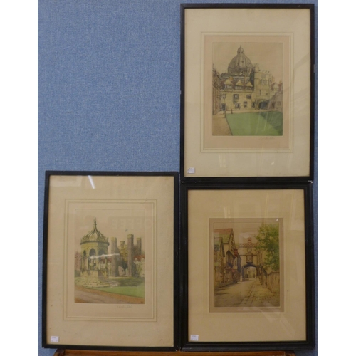 297 - Three Henry G. Walker coloured etchings and another pair, indistinctly signed, framed