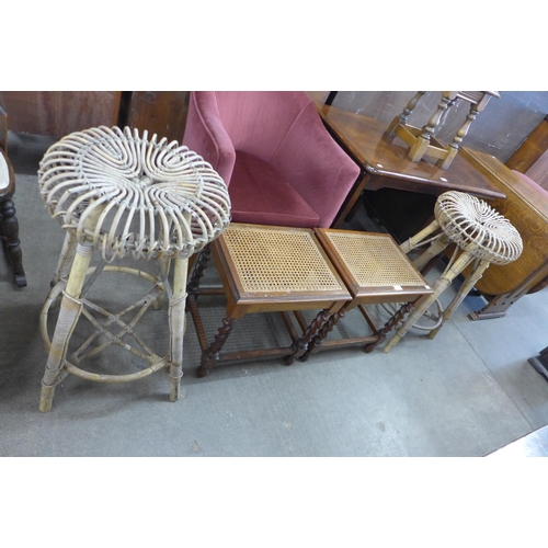 171 - A pair of walnut bergere stools and a pair of bamboo stools