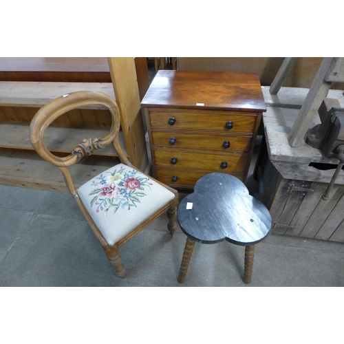 194 - A bobbin turned trefoil shaped stool, a mahogany chair and and a Victorian chest commode