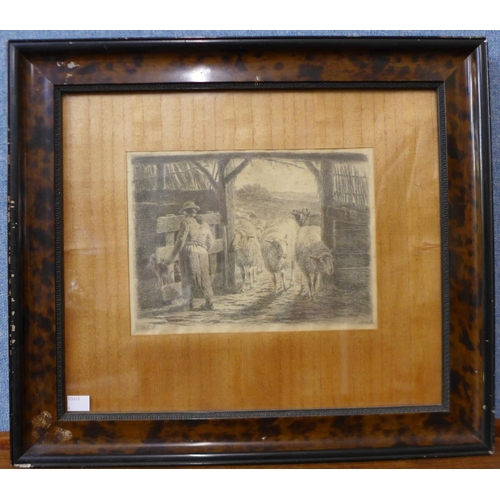 26a - F.L. Lebret, farmer with sheep, etching, 19 x 26cms, framed