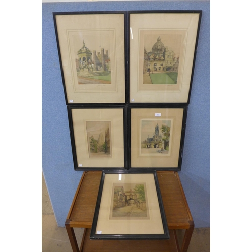 297 - Three Henry G. Walker coloured etchings and another pair, indistinctly signed, framed