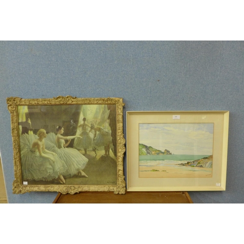 309 - T. Wilson, coastal landscape, watercolour and a ballet print