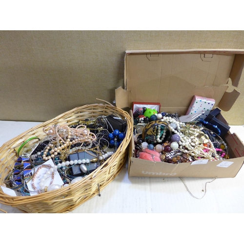 2108 - Basket & box of costume jewellery - large qty.