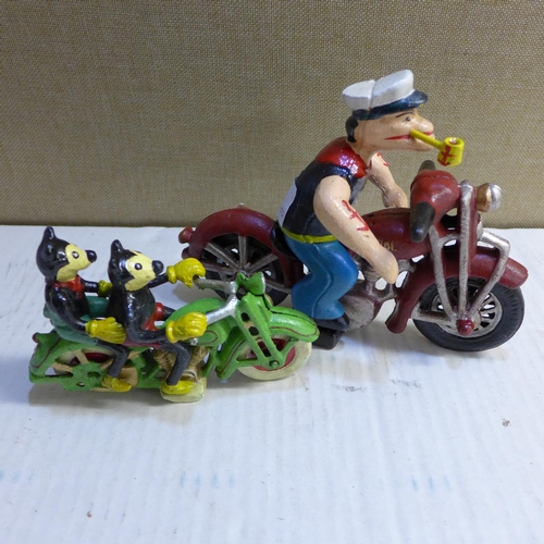 2116 - Mickey Mouse & Minnie Mouse on motorcycle & Popeye on motorcycle - this lot is subject to VAT