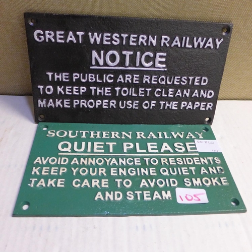 2130 - 2 cast railway signs: Quiet & Notice - this lot is subject to VAT