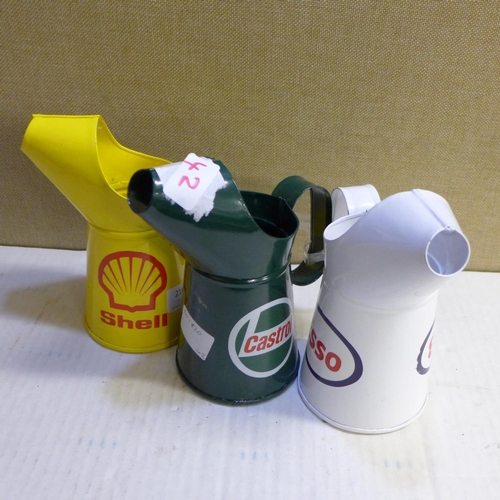 2165 - 3 x 1l decorative oil jugs - (Castrol, Esso, Shell) - this lot is subject to VAT