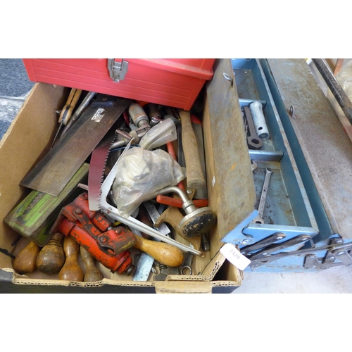 2329 - Blue metal cantilever tool box & tools, red plastic tool box & tools, mixed box of tools