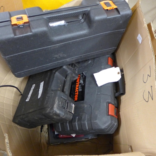 2356 - Box of Clarke tools including 18v drill, reciprocating saw, 1200w SDS rotary hammer drill, Evolution... 