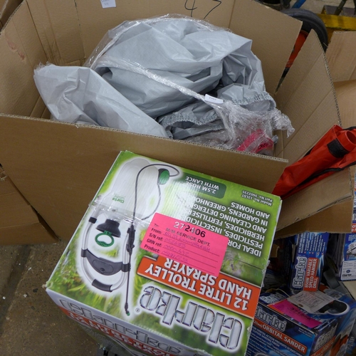 2365 - Box containing 3 oil pumps, vane pump, 12 litre trolley hand sprayer, car cover and tow bar - MM8247... 