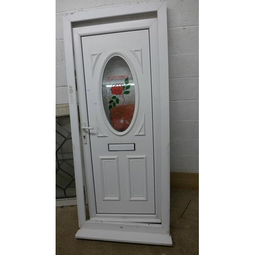 2385 - Upvc front door & frame with oval patterned glass insert & 2 keys