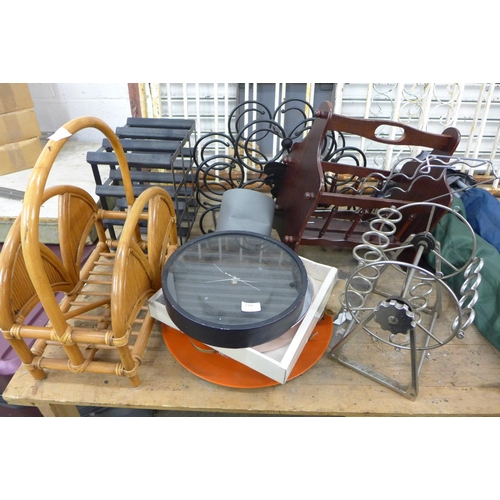 2390 - 2 Folding chairs, wine rack, magazine rack, 2 wall clocks, etc.