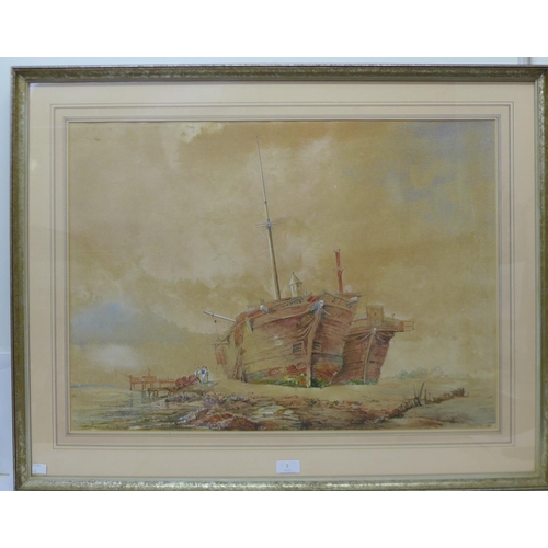 11 - English School (19th Century), coastal scene with boats at low tide, watercolour, 49 x 68cms, framed