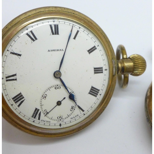 1071 - An .800 silver top wind pocket watch and an Admiral gold plated top wind full hunter pocket watch