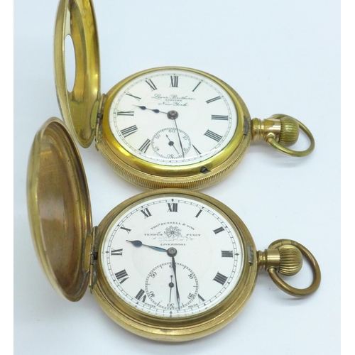 1073 - A gold plated top wind half hunter pocket watch by Lever Brothers, New York, dial cracked, plate wor... 