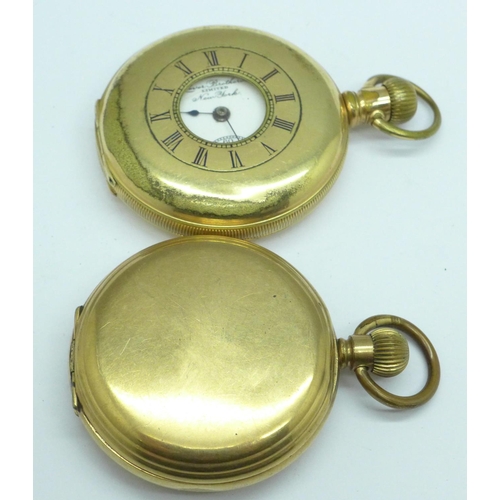 1073 - A gold plated top wind half hunter pocket watch by Lever Brothers, New York, dial cracked, plate wor... 