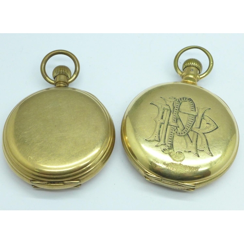 1073 - A gold plated top wind half hunter pocket watch by Lever Brothers, New York, dial cracked, plate wor... 