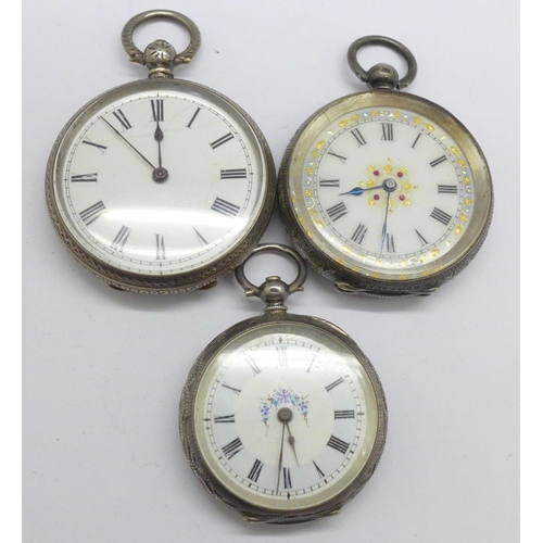 1074 - Three lady's silver fob watches