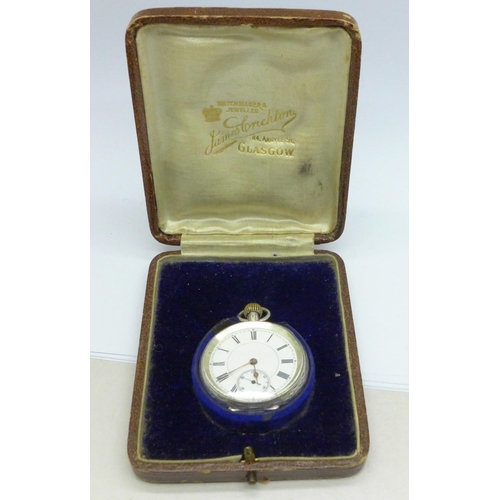 1082 - A silver fob watch in a fitted case