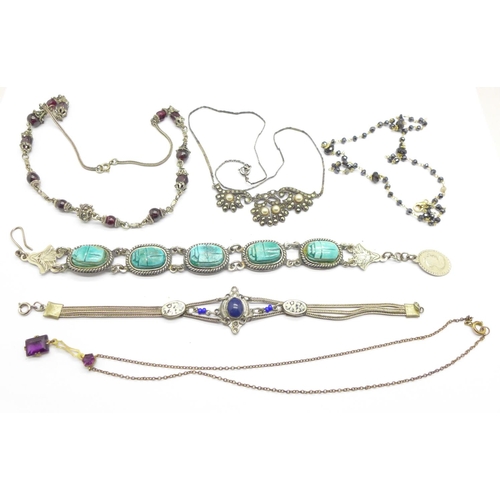 1090 - Art Deco and later jewellery including silver and a scarab bracelet