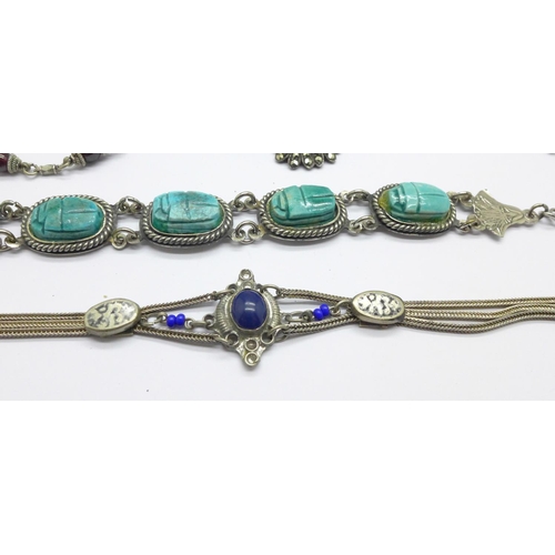 1090 - Art Deco and later jewellery including silver and a scarab bracelet