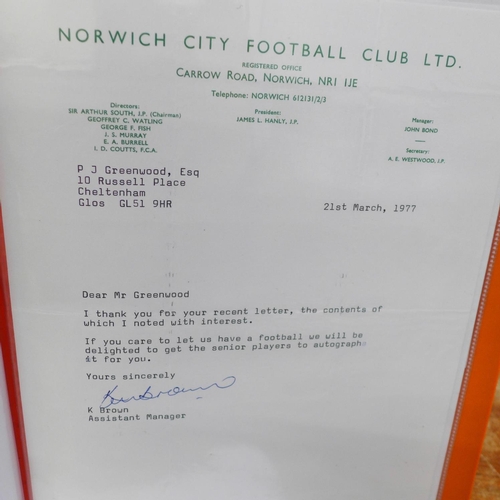 686 - A football album with letters from clubs regarding autographs, etc.