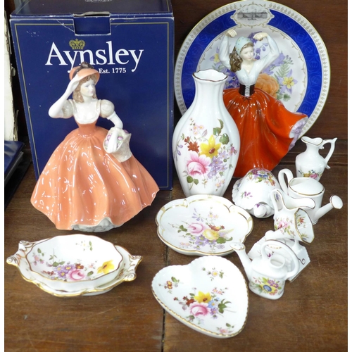 705 - A Royal Doulton figure, Karen, a Coalport figure, a Worcester plate, Royal Crown Derby Posies, an Ay... 