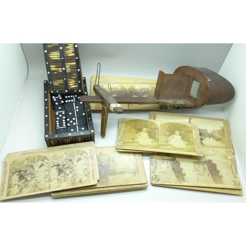 706 - A porcupine quill box, dominoes and a stereoscopic viewer and cards