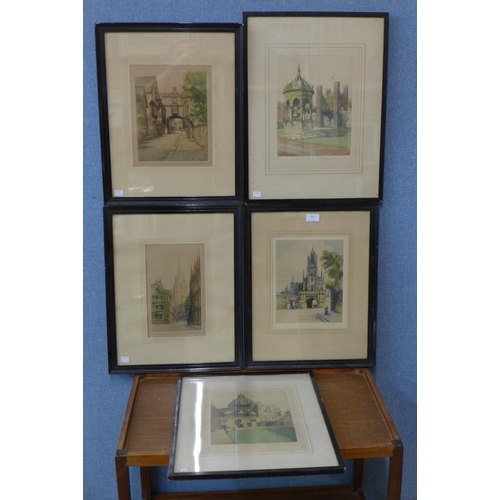 320 - Three Henry G. Walker coloured etchings and another pair, indistinctly signed, framed