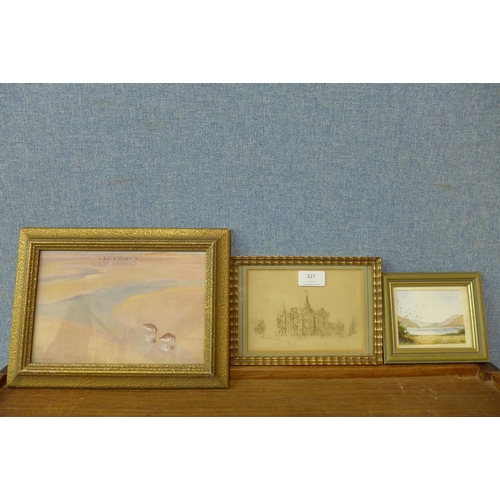 327 - Barbara Leith, small watercolour of Thirlmere, Cumbria, a Peter Scott print and one other