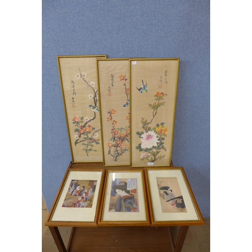 331 - A set of three Japanese painted silk pictures and three prints