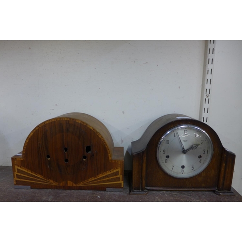 340 - An Art Deco oak mantel clock and a walnut mantel clock case